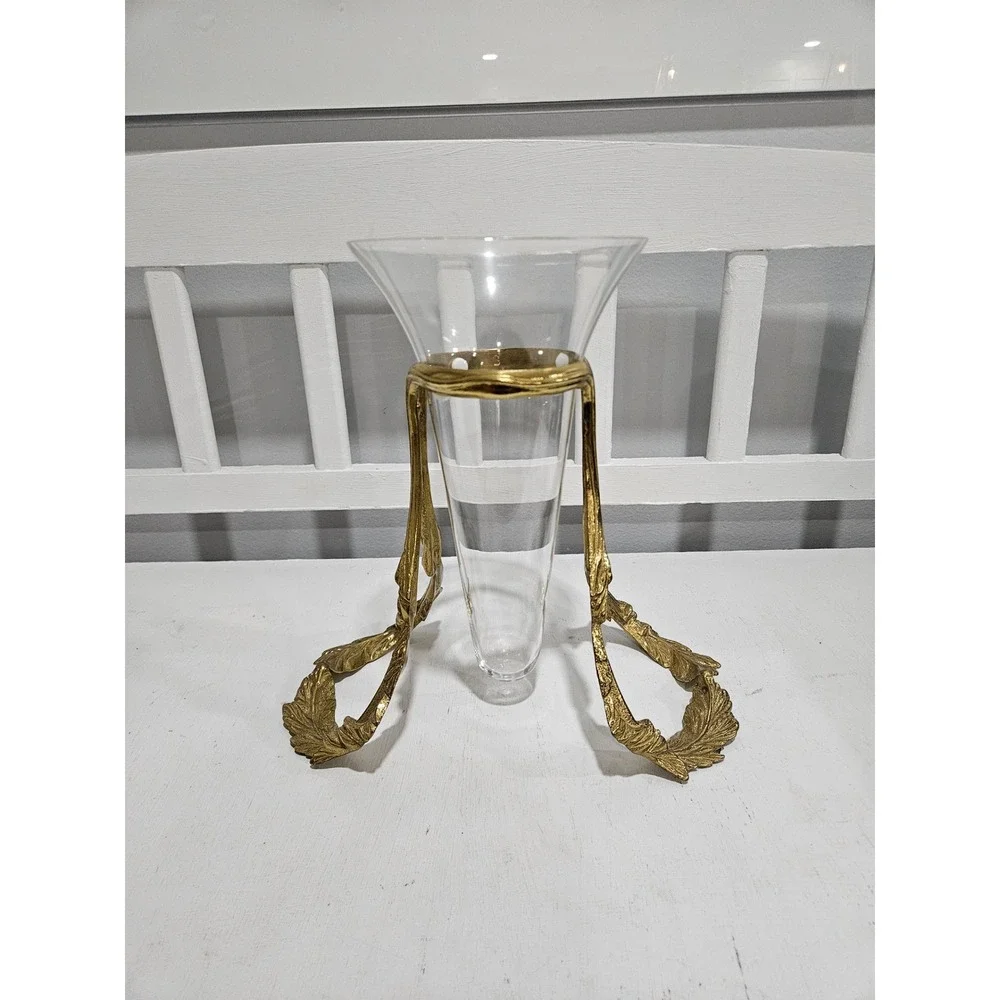 Vtg Bombay Co. Floating Glass Vase w/Ornate Gold Leaf Metal Stand 11